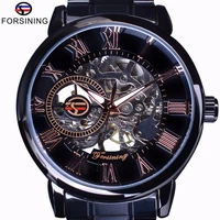 forsining 3d transparent case retro number classic design black stainless steel watch men luxury brand mechanical skeleton watch