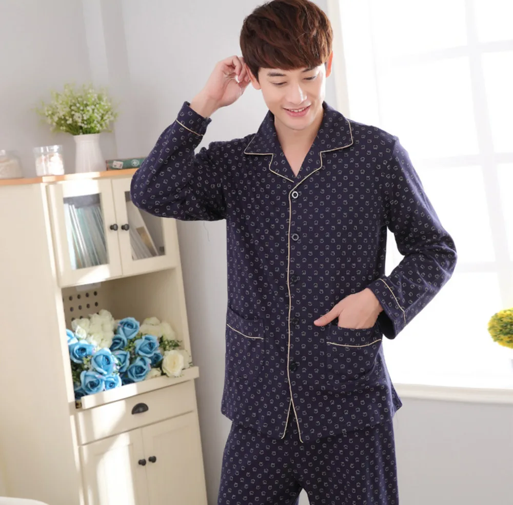 Осень и зима мужчины пижамы 100% хлопок полный отложным Воротником Классический