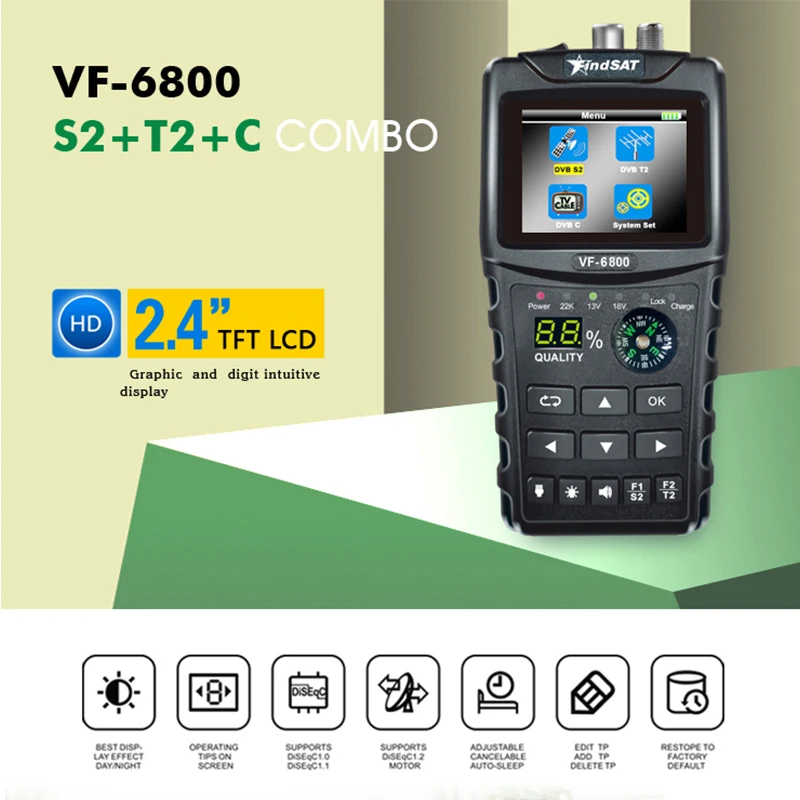 VF-6800 приемник спутникового ТВ Dvb-t2/DVB S2/DVB C Combo спутниковый Finder Dvb t2 спутниковый ресивер Satfinder 2," Цвет ЖК-дисплей Экран