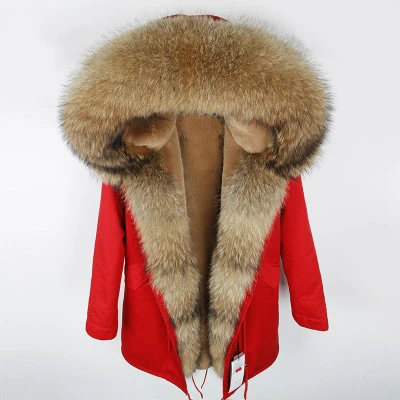 OFTBUY, Повседневная Зеленая зимняя куртка, Женская парка, пальто с натуральным мехом енота, большой воротник, парка с капюшоном, теплая верхняя одежда - Цвет: long red natural
