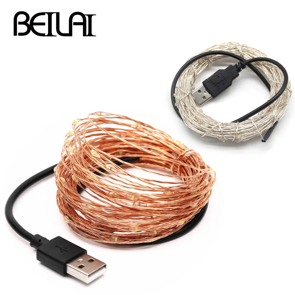 5 в USB светодиодный светильник 10 м 5 м Медный Серебряный провод водонепроницаемый Сказочный светодиодный светильник на Рождество для свадебной вечеринки