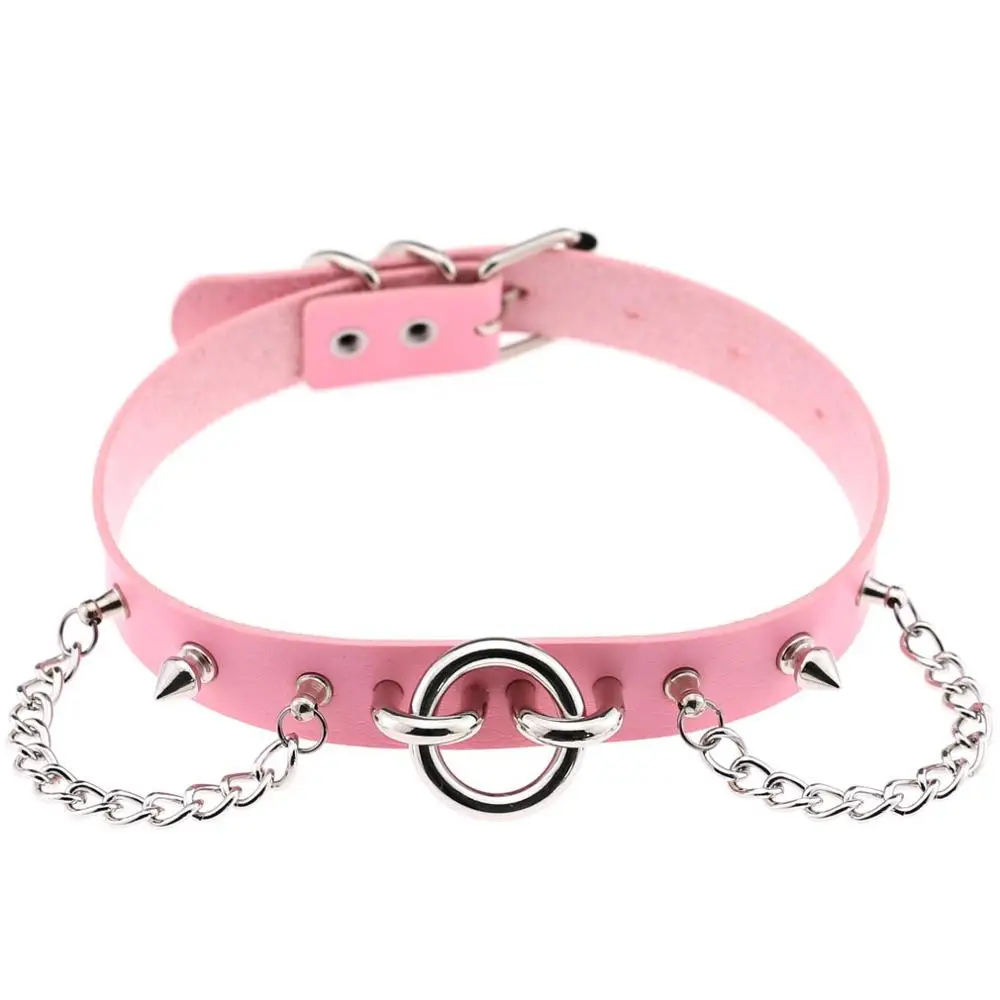 Pink KMVEXO чокер с заклепками и круглым металлическим воротником серебряного цвета кожаный бандаж Готический чокер женское готическое Ожерелье Новинка Панк ювелирные изделия - Окраска металла: Pink