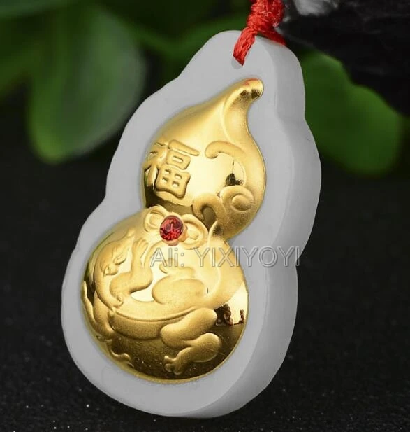 Beautiful Natural White Hetian Jade + 18K Solid Gold Inlaid Chinese Cucurbit Design Lucky Pendant Free Necklace Fine Jewelry | Украшения и