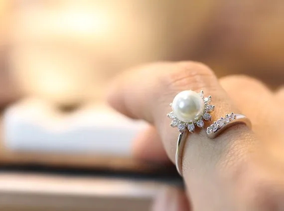 Регулируемое кольцо с жемчугом и кристаллом солнца|ring adjustable|pearl ringopen ring |
