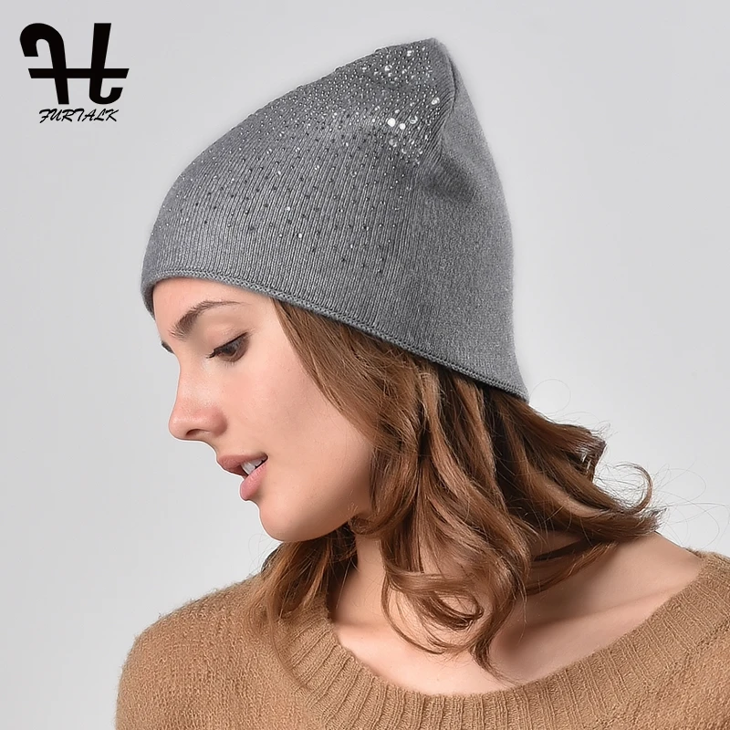 FURTALK шапочка Hat женщины осень зима Вязаная шляпа с горный хрусталь алмаз Скули для