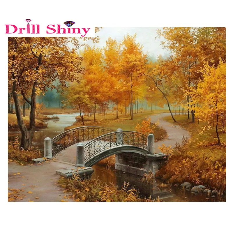 Полный осенний пейзаж Алмазная вышивка мосты лес картина желтый завод Вышивка