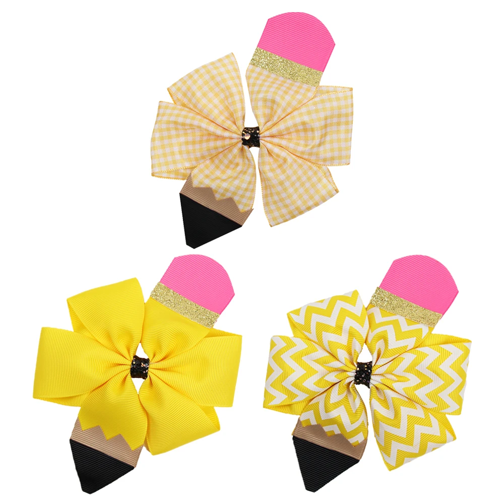 

CN 2pcs/lot Pencil Print Glitter Wave Hair Bows Handmade Back To School Barrettes Hair Clips For Kids Hairpin Hair Accessories