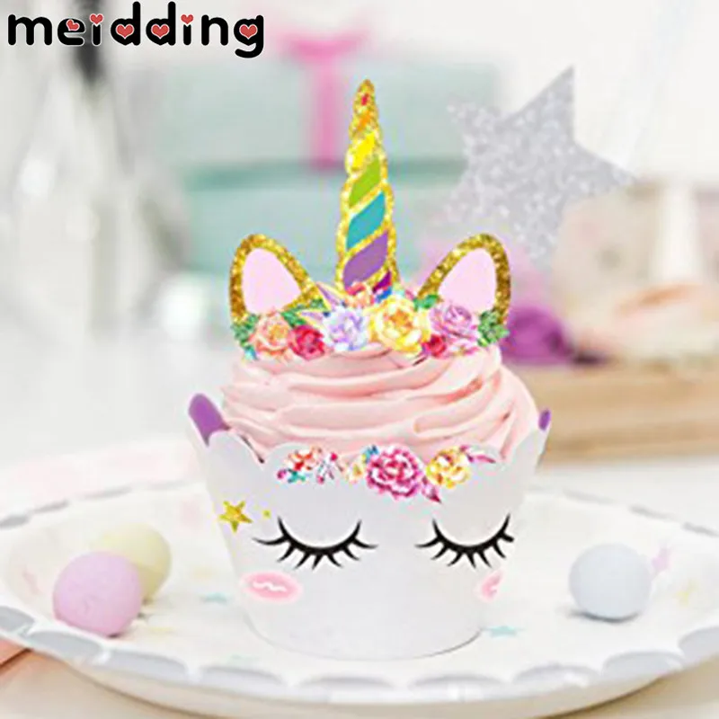 MEIDDING/24 шт. вечерние комплекты с единорогом, радужные топперы для торта+ обертки для кексов, вечерние принадлежности для дня рождения