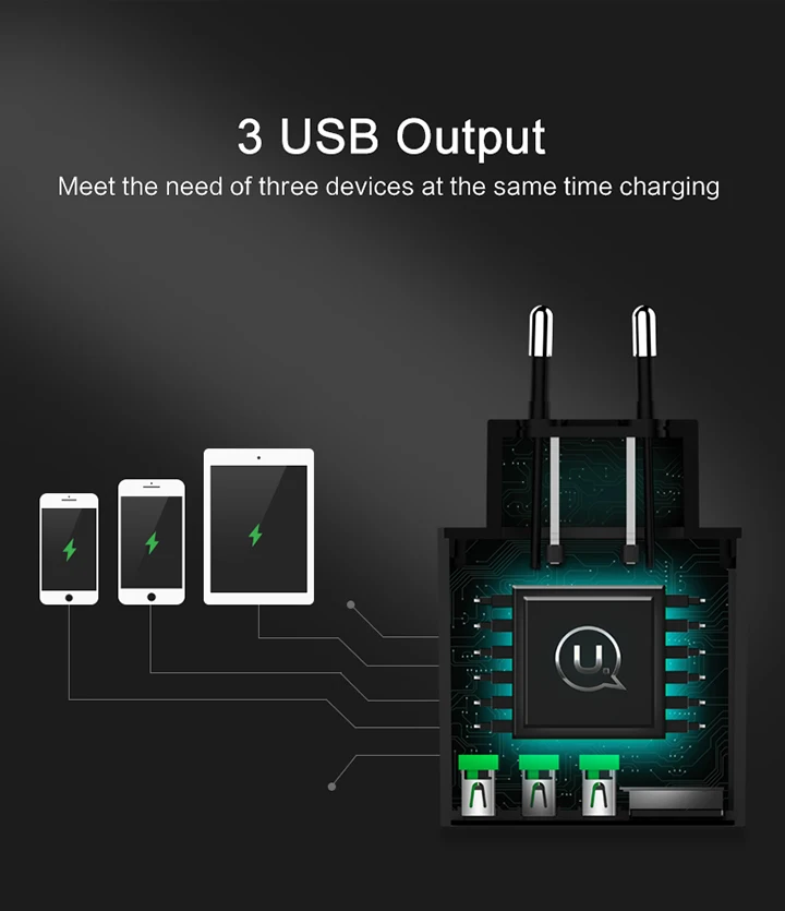 USAMS 3 USB зарядное устройство для телефона, зарядное устройство для мобильного телефона, светодиодный дисплей, макс. 3А, Европейское настенное зарядное устройство для iPhone, samsung, Xiaomi, зарядное устройство, USB адаптеры