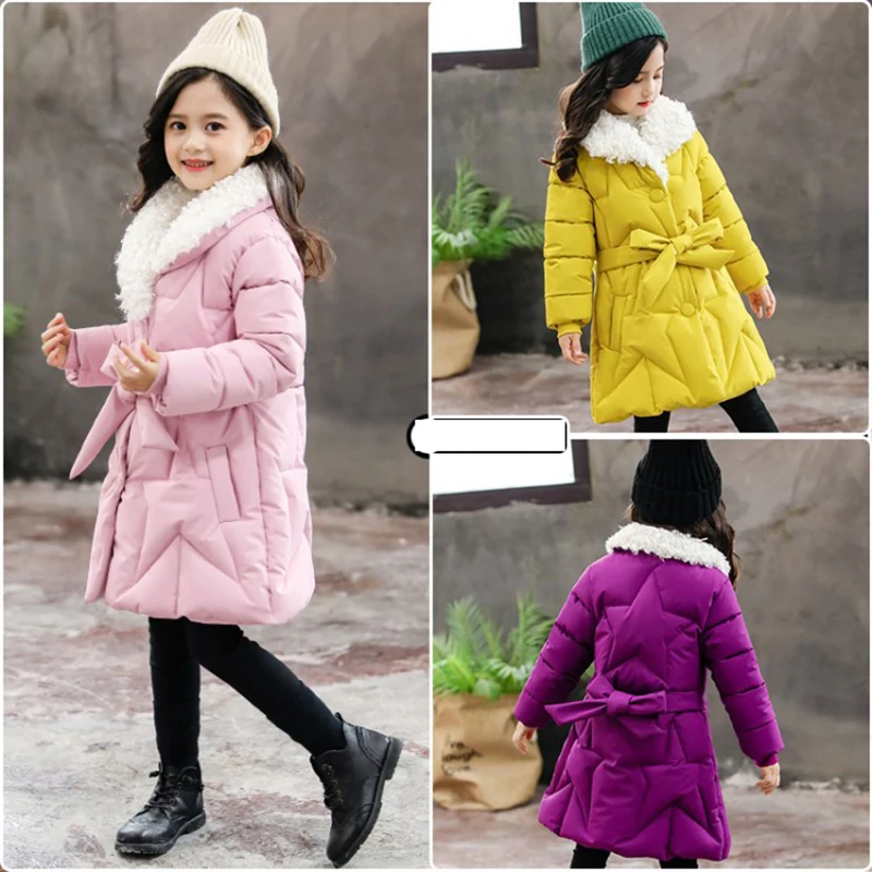 

Girls Winter Jacket Coat 2018 New Girls Cotton Parka Coat Fur Collar Belt Slim Long Winter Clothing Thick Warm Outerwear Coat