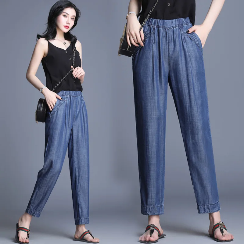 Женские джинсы с карманами свободные тонкие джинсовые брюки большого размера