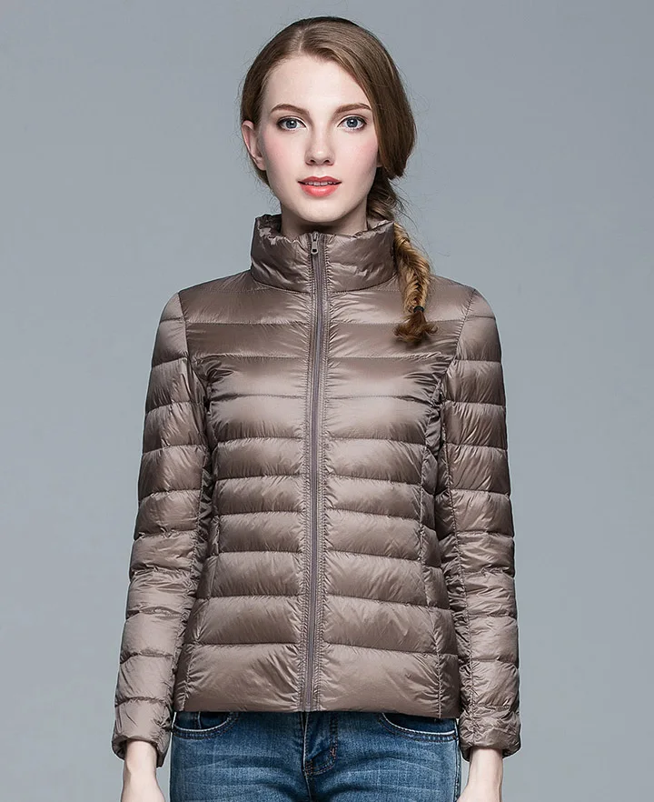 Dark Khaki Зимняя женская куртка-пуховик на 90% белом утином пуху, женские ультра легкие пуховики, тонкие длинные куртки с длинными рукавами, модная одежда ярких цветов - Цвет: Dark Khaki