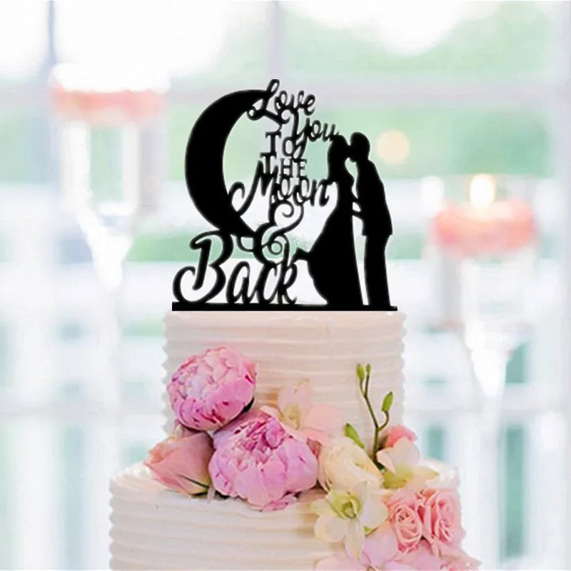 

Black Acrylic "Love You To The Moon and Back " Wedding Cake Topper Kissing Bride and Groom Cake Topper Plastic Engagement