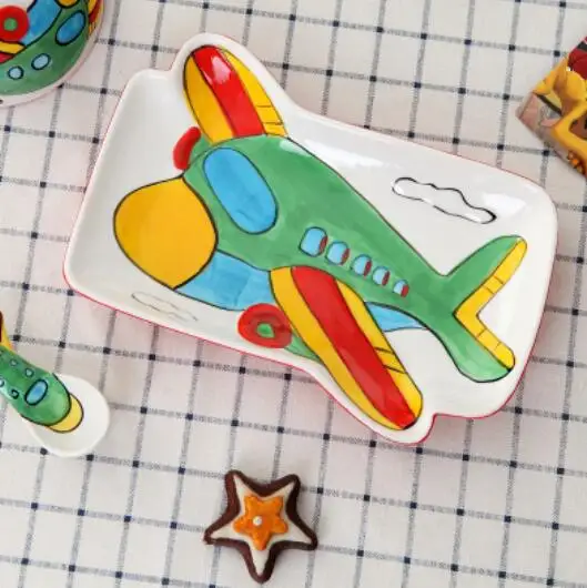 Мультяшный автомобиль корабль плоский блюдо столовые приборы фрукты рис салат