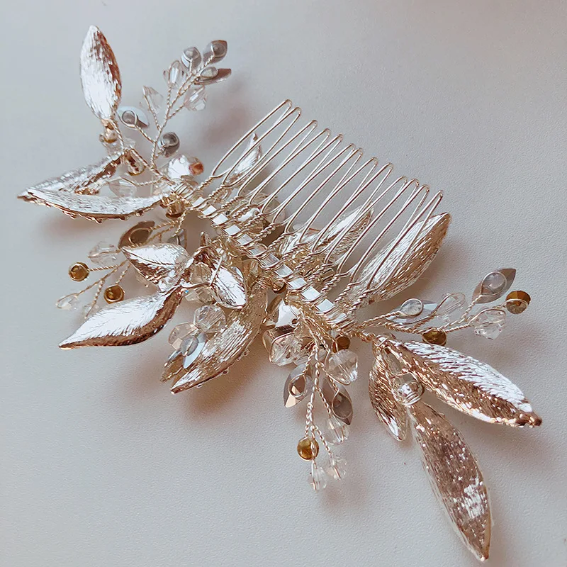 

Le Liin New Bride Leaf Metal Crystal Hair Comb Headdress Silver Crystal Beads Flower Hair Jewelry Wedding Hair Accessories