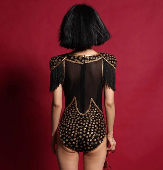 2015 new women fashion black Tassel epaulets female singer ds costume dj costumes Crystal clothes sexy one-piece bodysuit wear