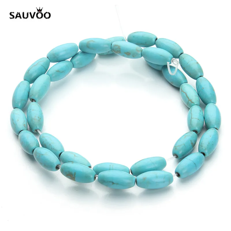 

SAUVOO Approx 33pcs/Strand Blue White Oval Seed Beads 6*12mm for Bracelet Necklace Natural Stone Howlite Jewelry DIY F1277