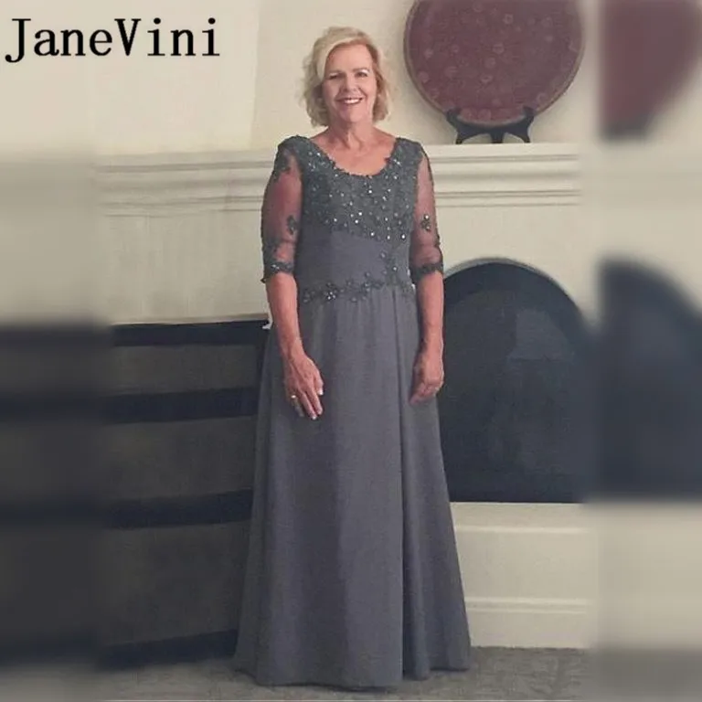 

JaneVini Elegant Dark Gray Dinner Long Gown Mother of the Bride Dress With Sleeve Beaded Lace Appliques Chiffon Red Carpet Dress