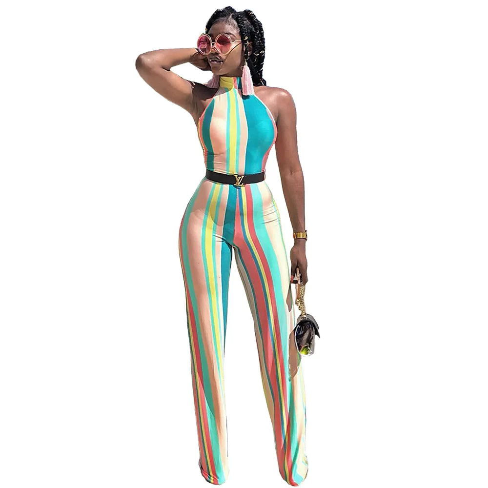 Женский красочный полосатый без рукавов Холтер с открытой спиной широкие