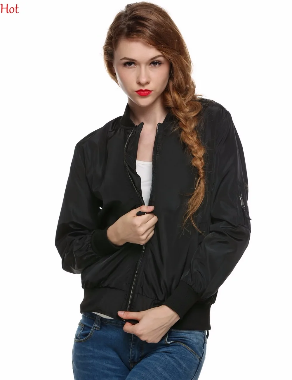 Women Bomber Jacket 2017 Autumn Ladies Jackets Tops Solid Color Zipper Baseball Slim Casual Black Green SV028216 | Женская одежда