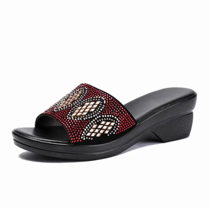 

GKTINOO Women Slipper's 2021 Ladies Summer Slippers Genuine Leather Shoes Women Med Heels Fashion Rhinestone Summer Shoes