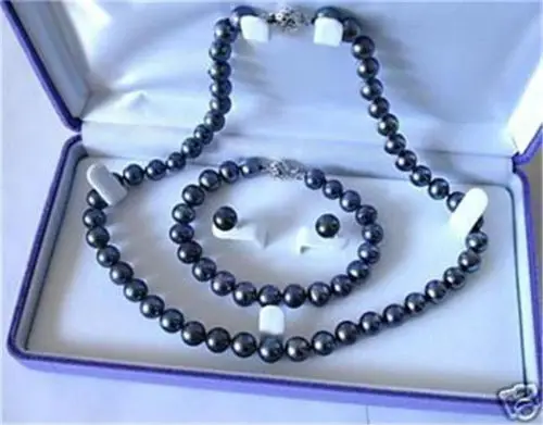 

Natural 7-8mm Black Akoya Cultured Pearl Necklace Bracelet Earring Set