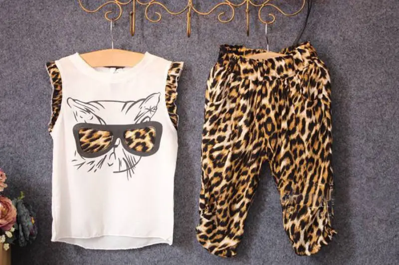 Hot Leopard Print Baby Kids Girls Lovely Cat Tops T-shirt Pants Outfits Age 2~6Y | Мать и ребенок