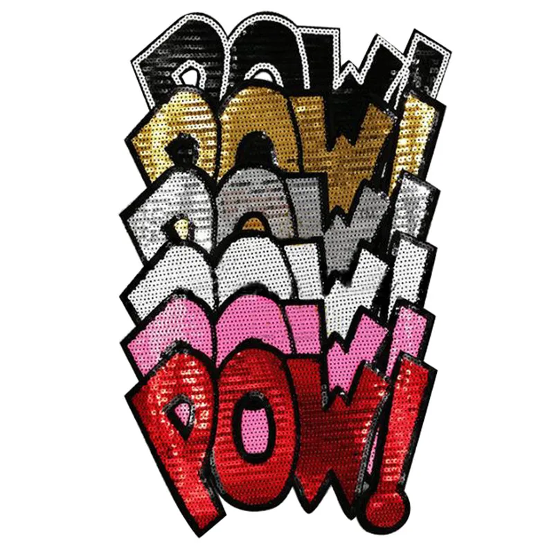 

Iron on patches for clothing 265mm POW! 5Color Sequined Fabric Sequins Strange things T shirt Women Patch Clothes Stickers