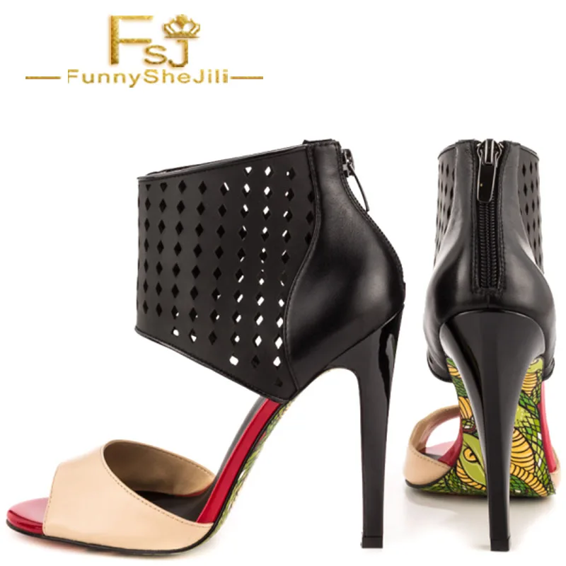 

FSJ Print Sole Nude Sandals Peep Toe High Heel pu Black ZIP Ankle Strap Stiletto Heel Pumps Summer Carnival Shoes Woman 2021