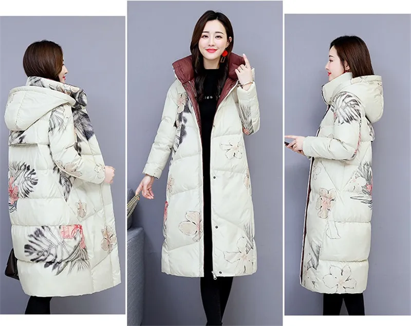 Winter Long Jacket Coat Women Parkas Thicken Warm Vintage Print Down Cotton Jacket Large Size Hooded Outerwear Female Basic Coat
