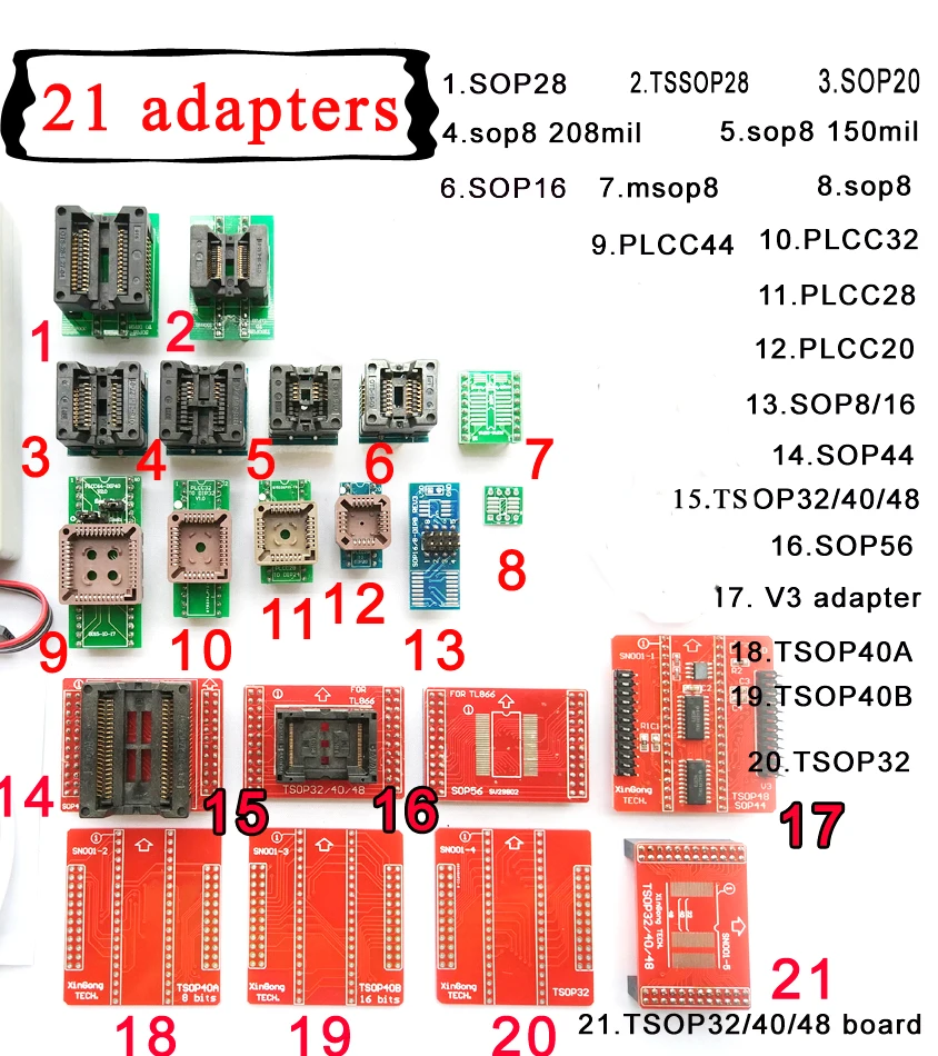 21 шт. универсальные наборы адаптеров для Mini pro high speed TL866II plus XP8710 usb программатор микросхема разъем
