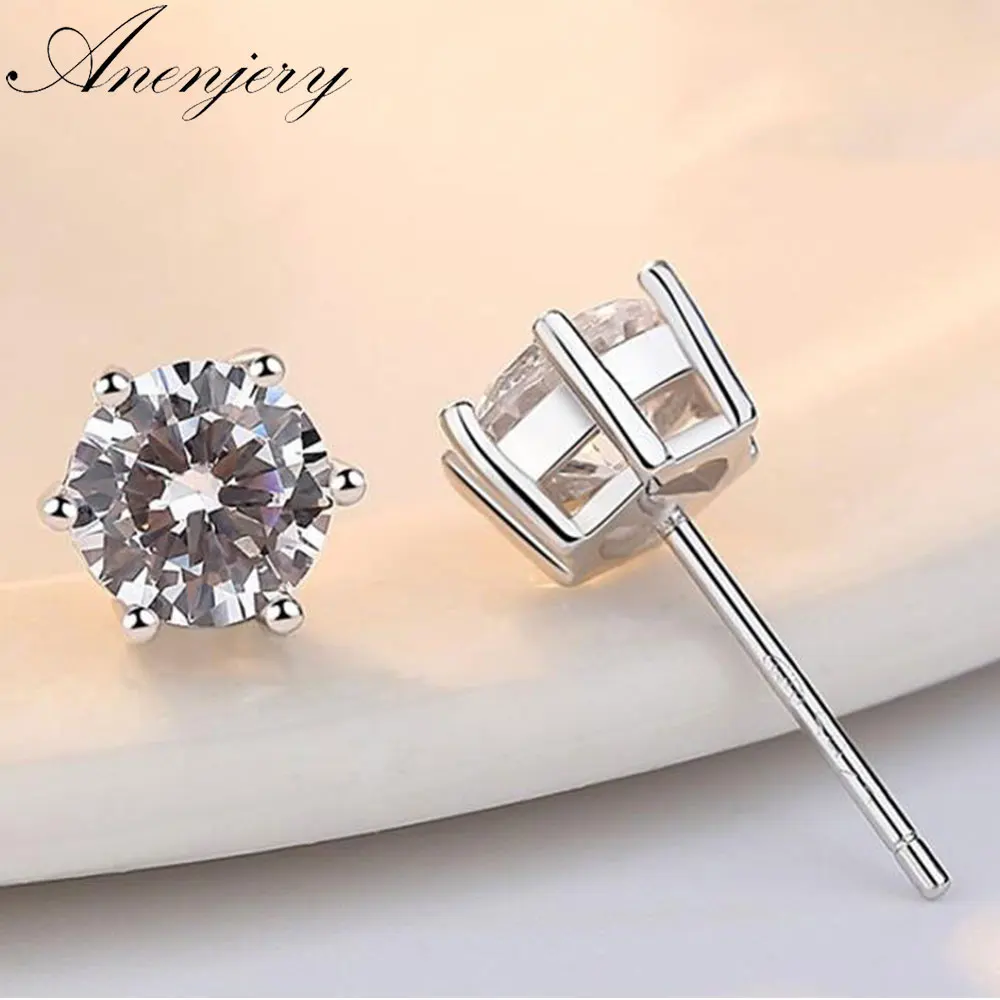 Anenjery, 925 пробы, серебряные серьги, классические, шесть когтей, циркониевые серьги-гвоздики для женщин и мужчин, oorbellen, Букле д 'ореиль, S-E34