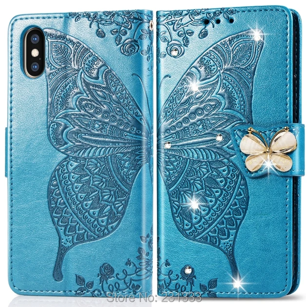 C-ku для Iphone 8 7 PLUS 6 6S X XS MAX XR Алмазный блестящий чехол-кошелек с бабочкой кожаный