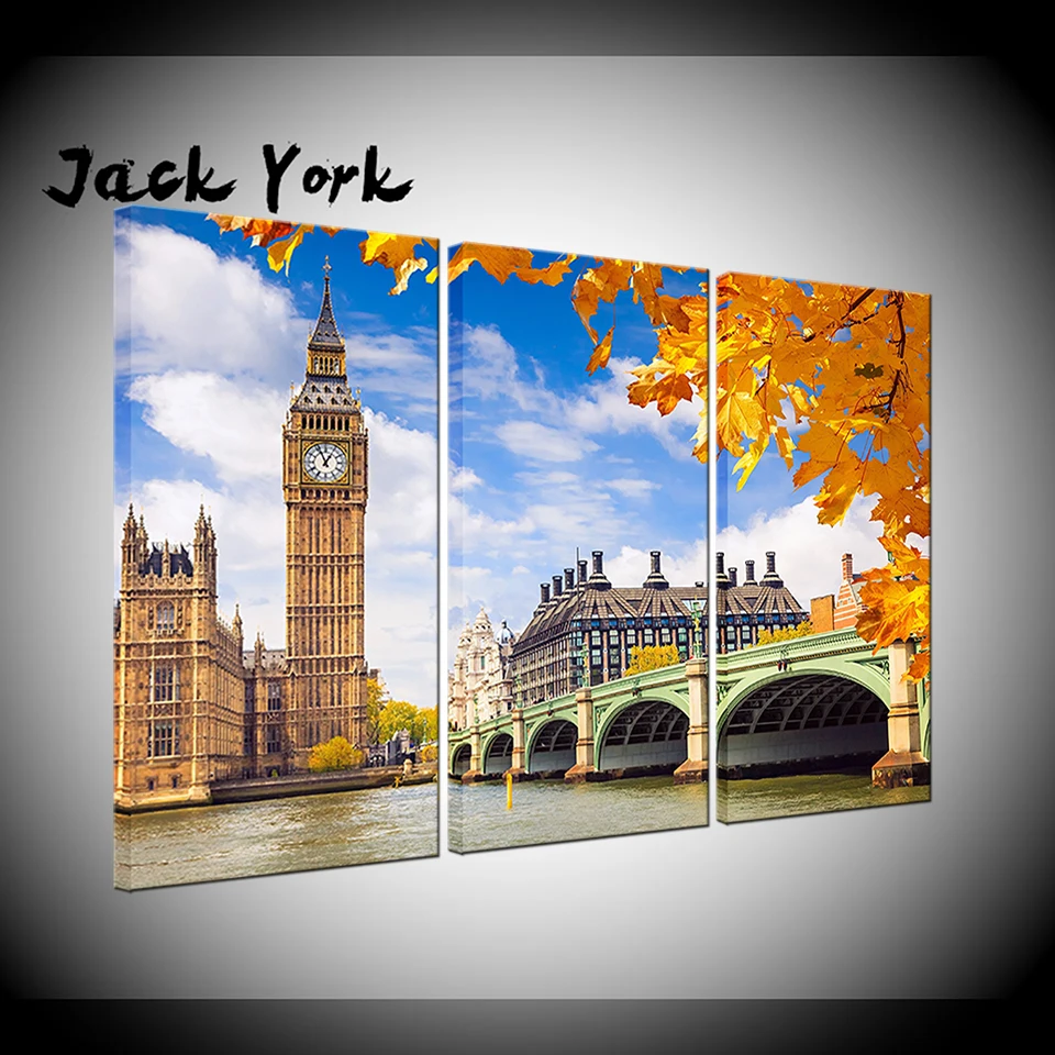 Картина на холсте осенний Лондонский пейзаж 3 шт. Настенная картина модульные