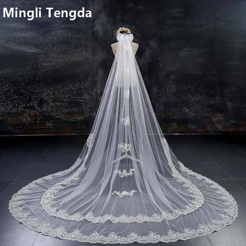 

Mingli Tengda Bridal Veils With Comb Two-Layer 3 M Long 3 M Wide Cathedral Bow Wedding Veil Velos De Novia Ivory Lace Bride veil