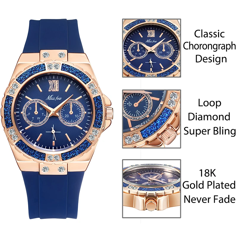 MISSFOX женские часы Aaa масок Diamond Gold голубое каучуковый ремешок люксовый бренд