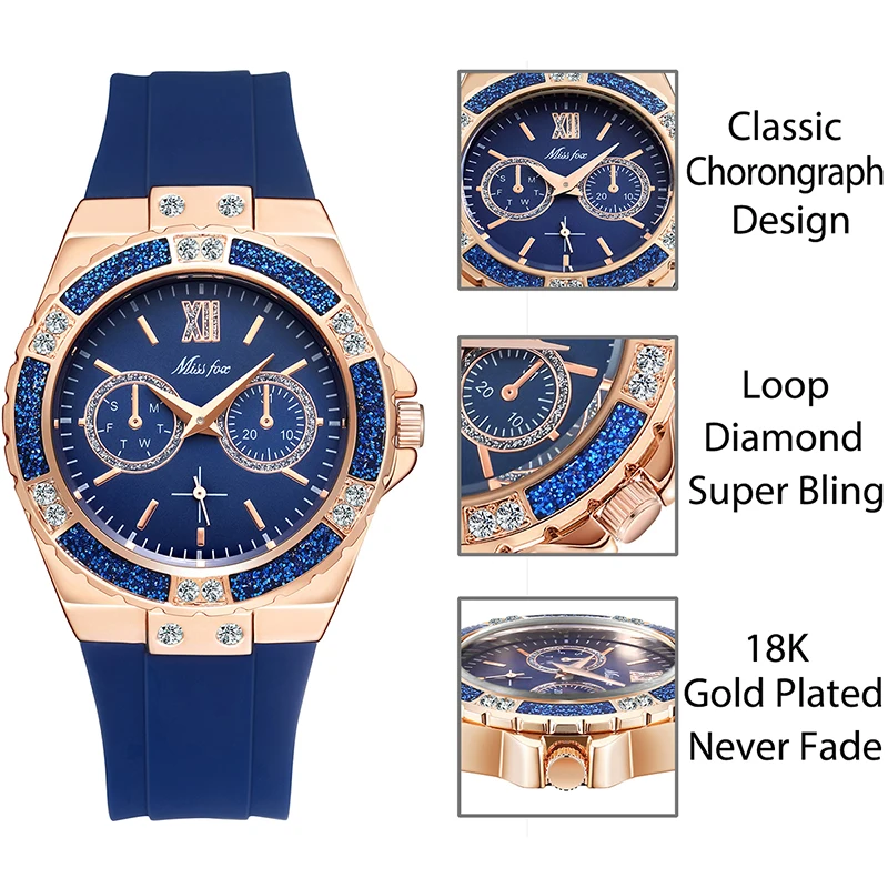 Часы Missfox женские кварцевые с хронографом люксовые модные розовое золото 2019
