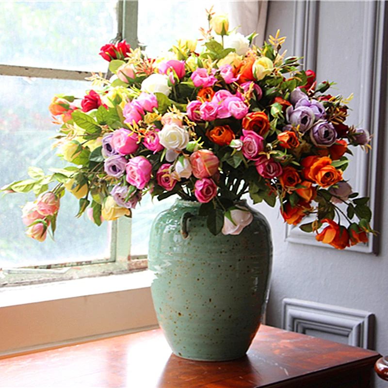baratas Atacado 100 Peças De Seda Rosa Spray Flor (5 Flores/haste) Chá Rosa Casa Flor Casamento Floral Mesmo Festa Decoração Flor