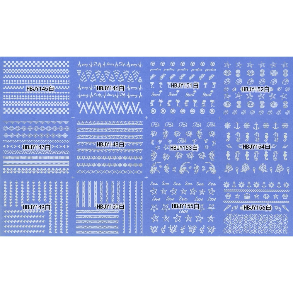 

12 SHEETS NAIL ART 3D SELF ADHESIVE GOLD SILVER BLACK WHITE STICKER DECAL SLIDER FISH SEA STAR HORSE CONCH HBJY145-156