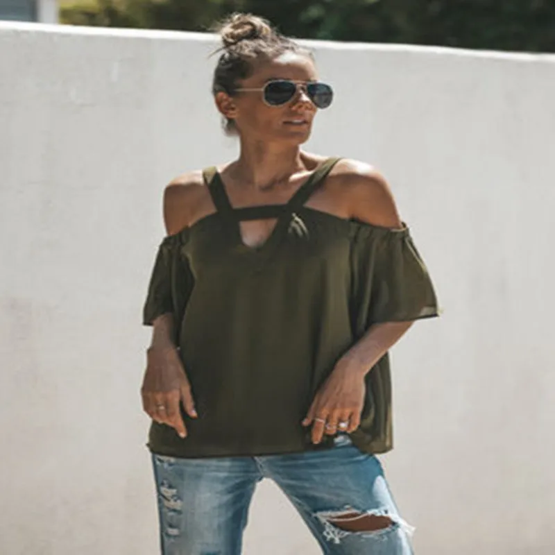 Футболка женская шифоновая с V-образным вырезом и вырезами | Женская одежда