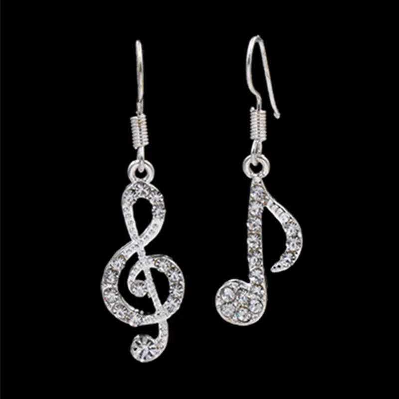 

New Personality Geometric Music Dream Symbol Asymmetric Earrings Music Notes Ear Hook Crystal Silver Color Earrings For Women