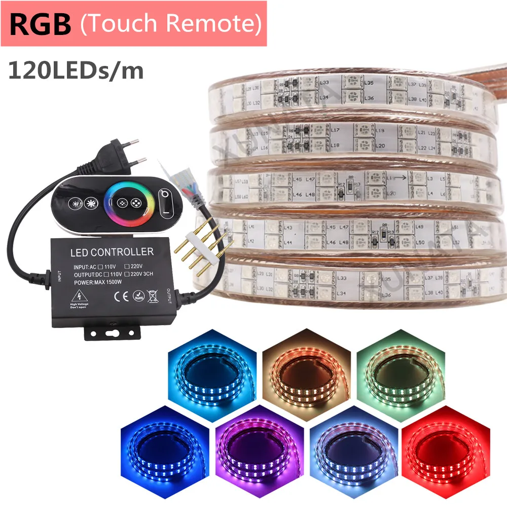 5050 RGB Светодиодная лента Водонепроницаемая 220 В ЕС Сенсорный пульт 24Key светодиодный светильник 60 Светодиодный s/m 120 светодиодный s/m двухрядная гибкая лента светодиодный светильник