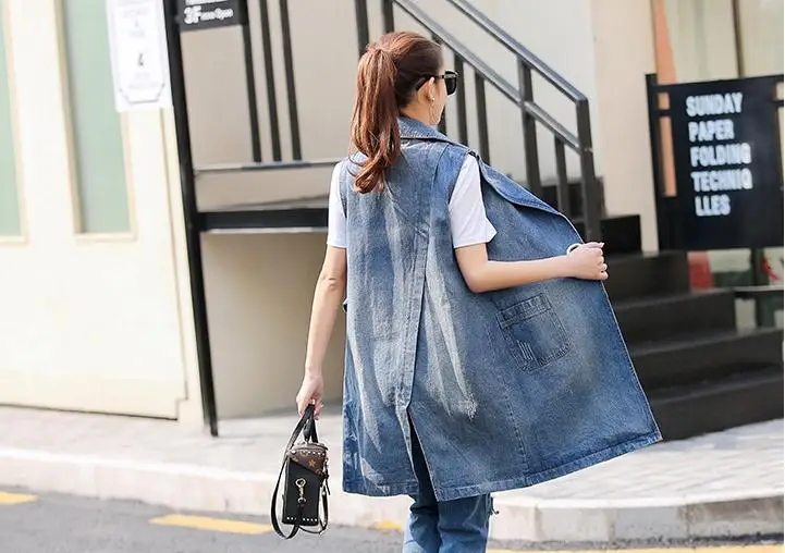 Женская джинсовая куртка длинный ковбойский жилет с воротником весна-осень 2018 |