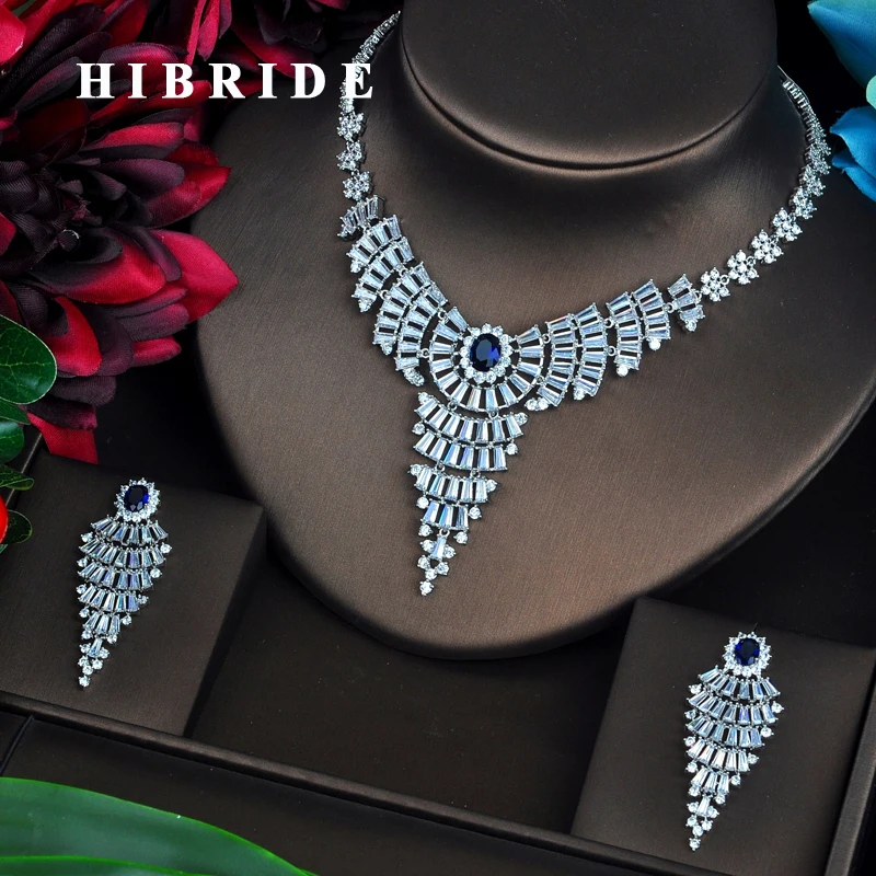 HIBRIDE Sparkling Fashion Design Blue CZ Jewelry Sets For Women Earring Necklace Set Wedding Dress Accessories Party Gifts N-473