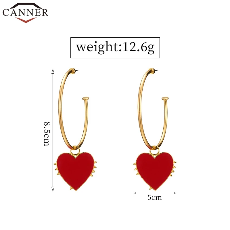 Женские круглые серьги кольца CANNER Золотые с красным сердцем aros mujer oreja