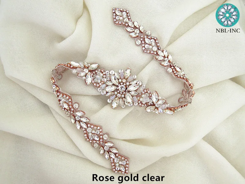 (1PC) Wedding belt silver rhinestone applique rose gold bridal crystal beaded applique iron on for wedding dresses WDD0919 images - 6