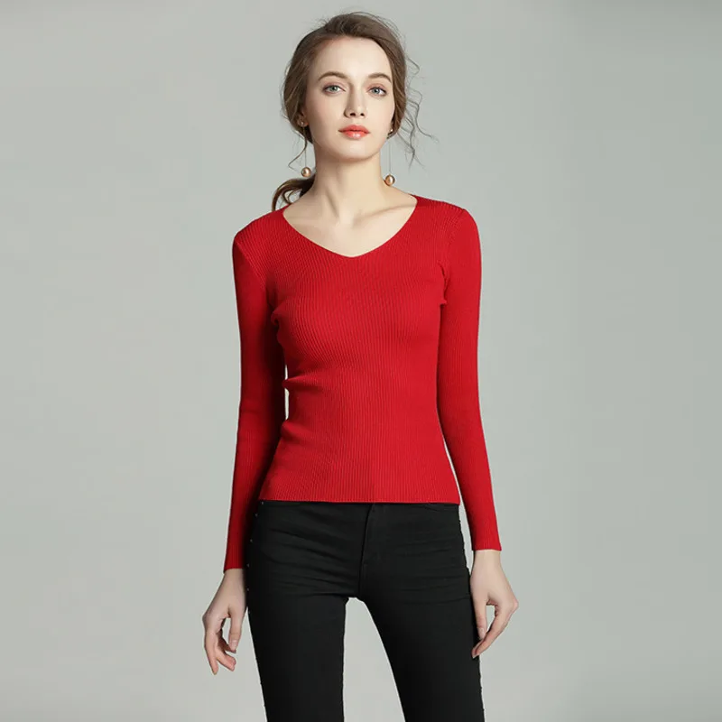 Sosaeg Winter Autumn 2018 New Fashion Women's Sweater Tight Elasticity Knitted V Neck Long Sleeve Thin Tops pullover | Женская