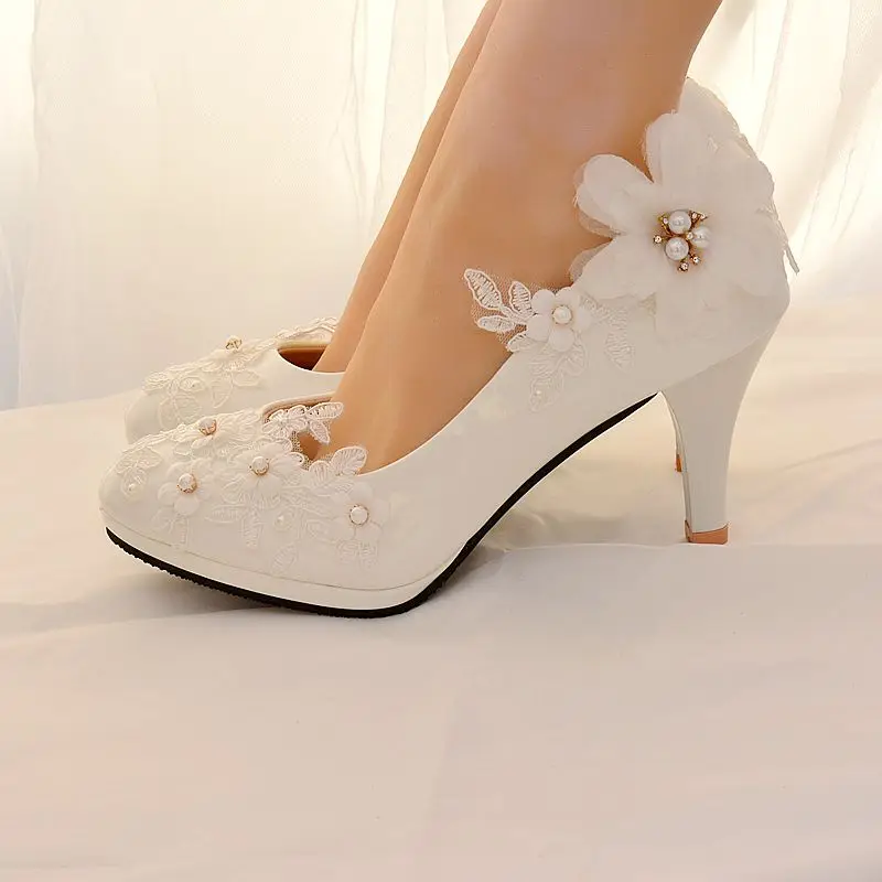 Классическая белая кружевная Свадебные туфли с цветочным узором женские на