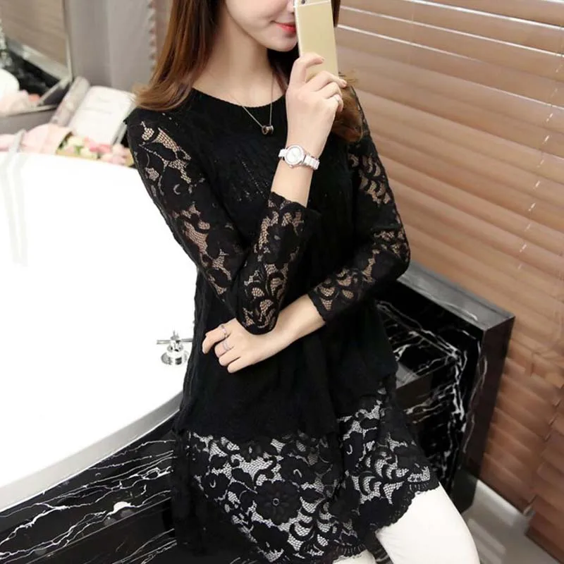 New 2018 Autumn winter Women Sweater Lace Patchwork Bottoming Shirt Fashion Long Sleeve O-neck Loose LY1305 | Женская одежда