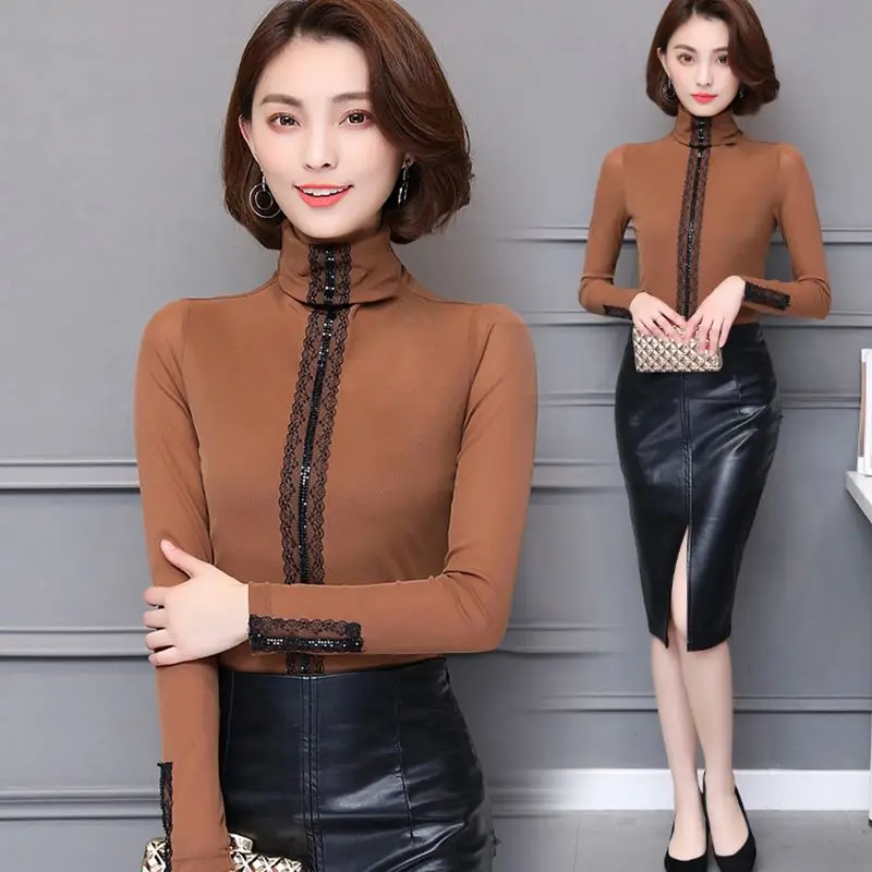 

Vintage Lace Shirt Mesh Turtleneck Long Sleeve Women Tops Sale Autumn Slim Korean Blouse Womens Clothes Camisas Femininas